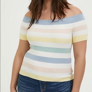 PASTEL STRIPE RIB OFF SHOULDER MIDI TOP